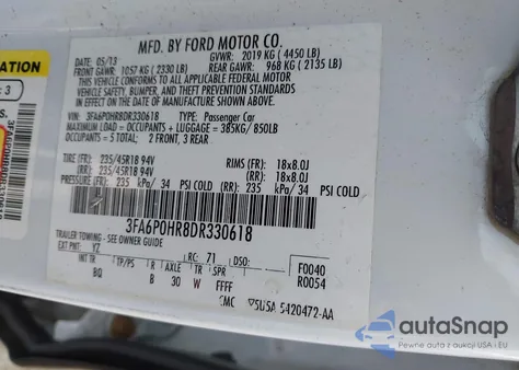 2013 Ford Fusion Se z USA, uszkodzony, nr VIN 3FA6P0HR8DR330618